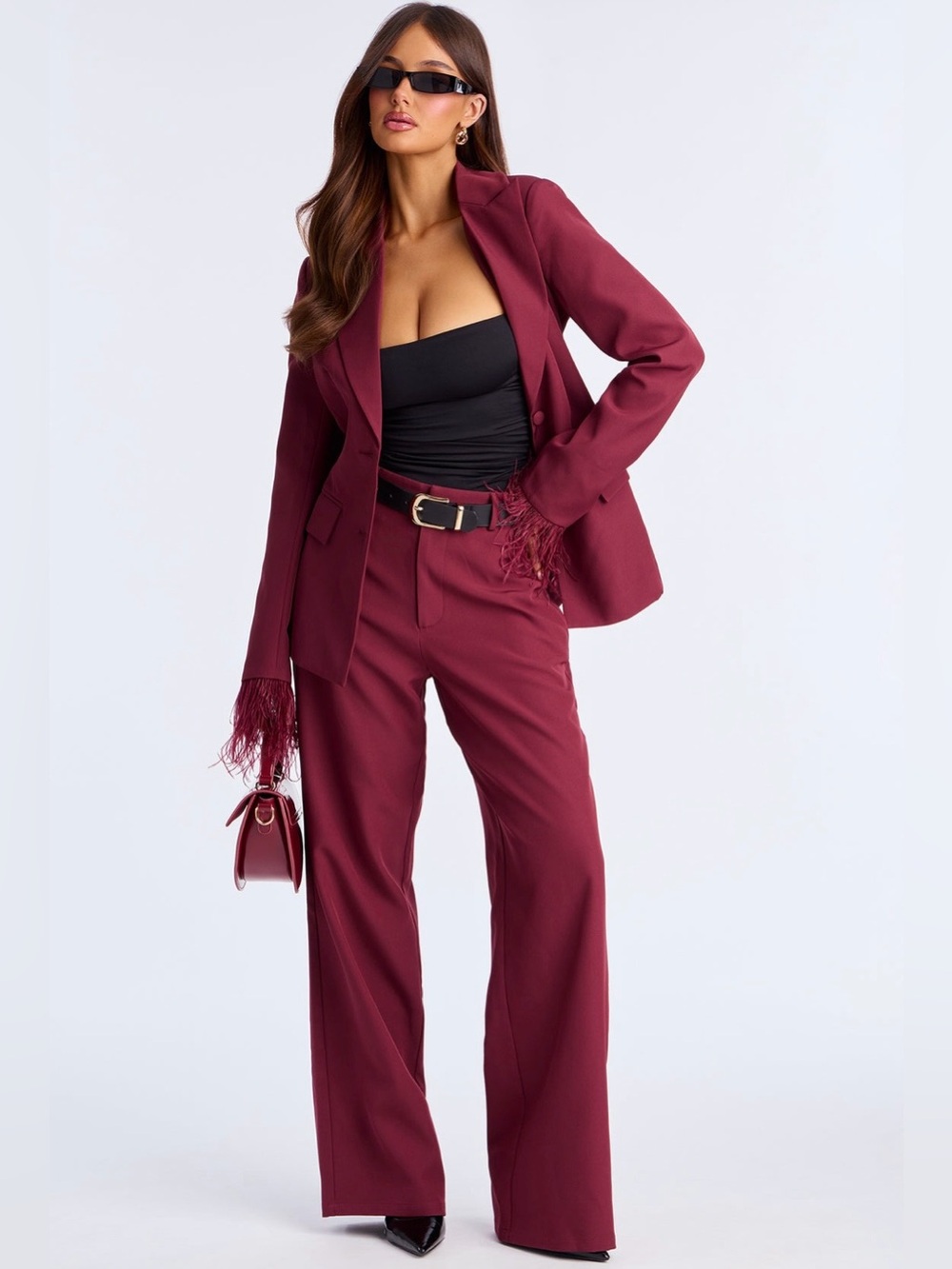 Women’s Burgundy Suit Set Feather-Trim Blazer Sleeve